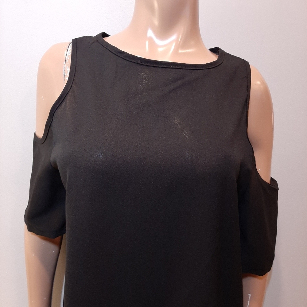Cold Shoulder Tunic Top Mini Dress Short Sleeve Solid Black Semi Sheer - Picture 2 of 10